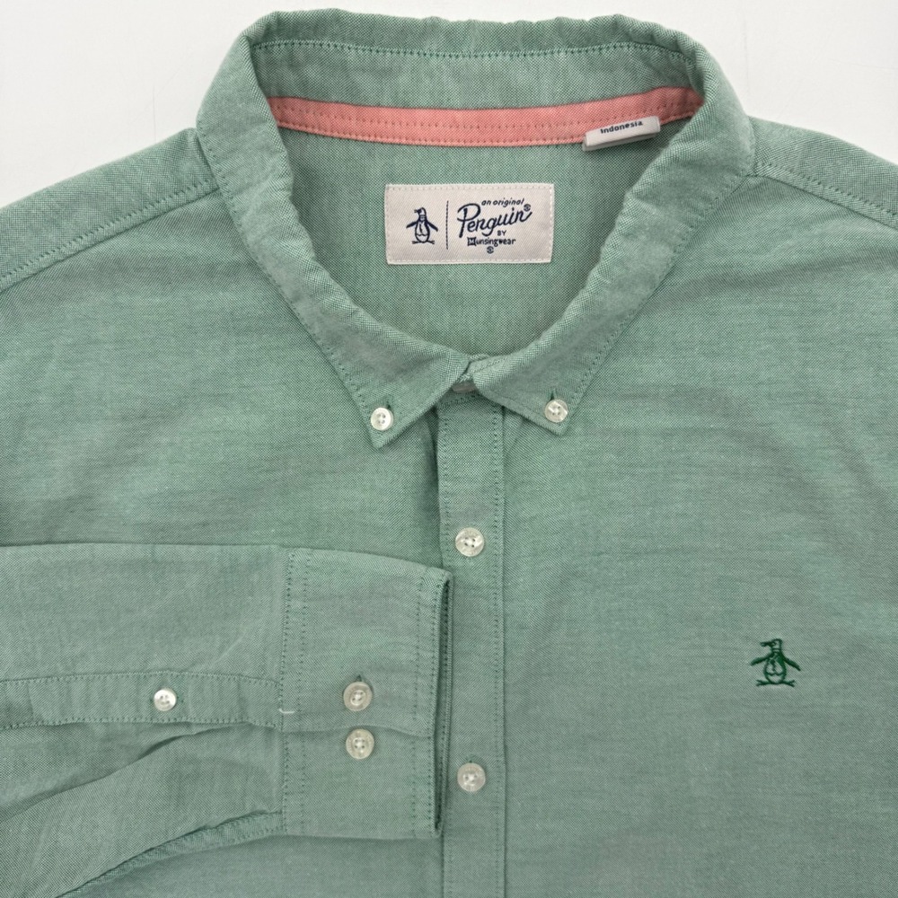Original Penguin Shirt Men XXL Green Oxford Button Down Long Sleeve Logo Classic